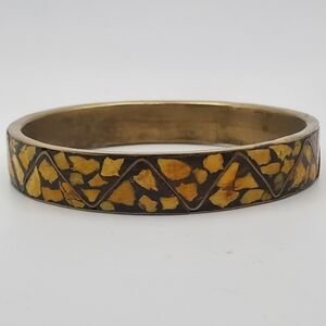 Vintage Brass Bangle Bracelet Black w/ Geo Mosaic Agate Inlay & Imbedded Zig Zag